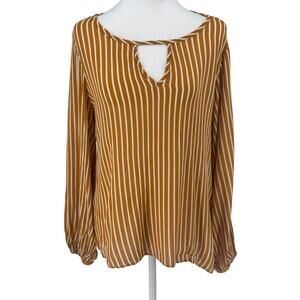 🌟 EVERLY Mustard Yellow & White Striped Long Sleeve Blouse Boho Chic V-Neck Top